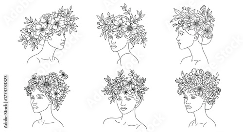 Elegant line art illustrations of women adorned with beautiful floral crowns and botanical elements, symbolizing nature's beauty and feminine grace.