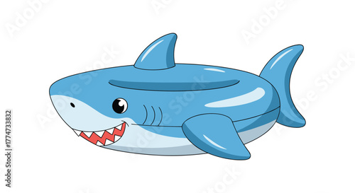 A cheerful, light blue cartoon shark designed as an inflatable swimming pool float, perfect for summer fun and water activities.