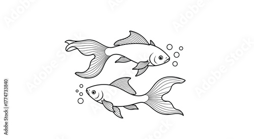 Two black outline fish with elegant flowing fins and bubbles, swimming in opposite directions, depicting aquatic life in a simple drawing style.
