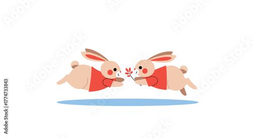 Two cheerful cartoon rabbits in red shirts leap towards each other, one presenting a small red leaf, illustrating a sweet moment of gifting and friendship.