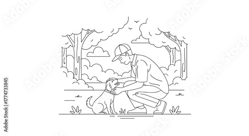 A person in a park crouches down to gently pet a happy dog, surrounded by lush trees and bushes under a clear sky.