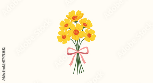 A delightful and minimalistic illustration of a fresh bouquet of vibrant yellow flowers with orange centers, elegantly tied with a delicate pink ribbon.
