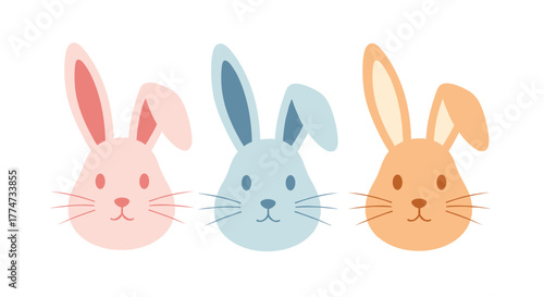 Three adorable, pastel-colored rabbit heads with long ears and whiskers, rendered in a cute and simple flat design on a clean white background.