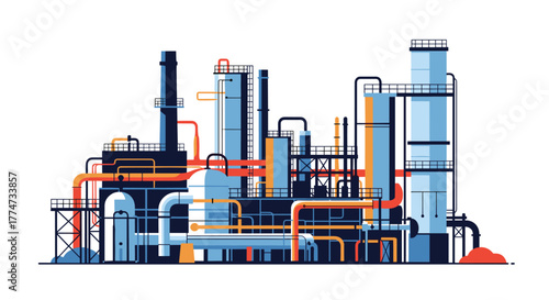 Modern industrial chemical refinery plant with various pipes, towers, and tanks, showcasing a complex production facility in a clean vector style.