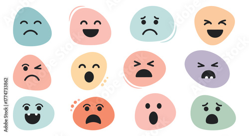 A diverse collection of colorful, hand-drawn emoji illustrations depicting a wide range of human emotions and expressions.