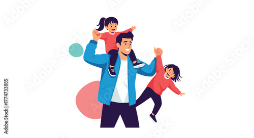 A happy father playing cheerfully with his two daughters, one on his shoulders and the other jumping while holding his hand.