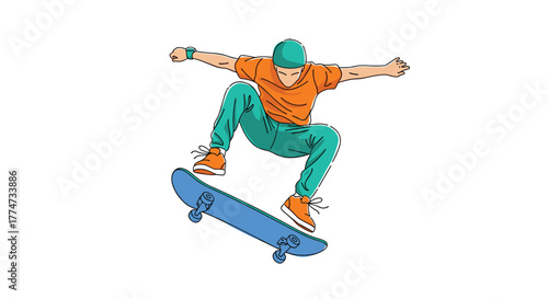 Dynamic illustration of a young person performing a skateboard trick in mid-air, showcasing extreme sports and urban culture.