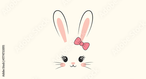 Cute cartoon bunny face with long pink ears, big eyes, tiny nose, sweet smile, delicate whiskers, and a charming pink bow.