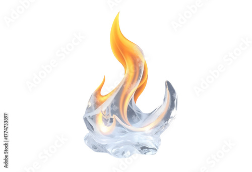 Realistic artistic representation of a fiery ice sculpture isolated on transparent background