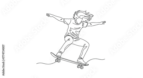 An active minimalist line art illustration capturing a skateboarder in motion, showcasing balance and freedom on the board.