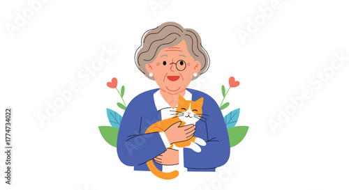 A happy elderly woman with glasses lovingly embraces her ginger and white cat, surrounded by cheerful decorative plants.