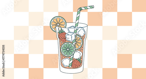 A vibrant iced drink with strawberries, orange, and lime slices, served in a tall glass with a striped straw on a peach checkerboard pattern.