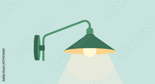 An illustration of a minimalist green wall lamp casting a warm glow on a soft blue-green background, depicting a cozy atmosphere.
