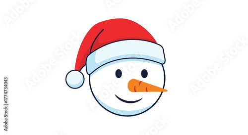 Cute cartoon snowman head wearing a red Santa hat, smiling with a carrot nose and black eyes, on a clean white background.