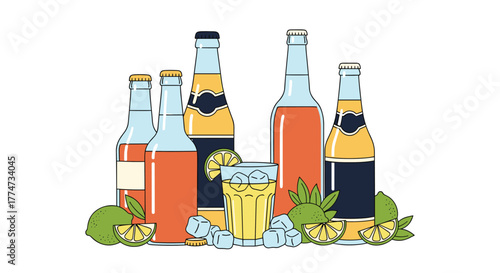 A vibrant illustration featuring an assortment of refreshing bottled beverages and a glass of iced drink, garnished with fresh limes, perfect for summer.