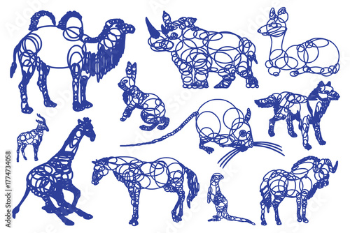 Collection of various animal silhouettes with intricate circular patterns, isolated on a