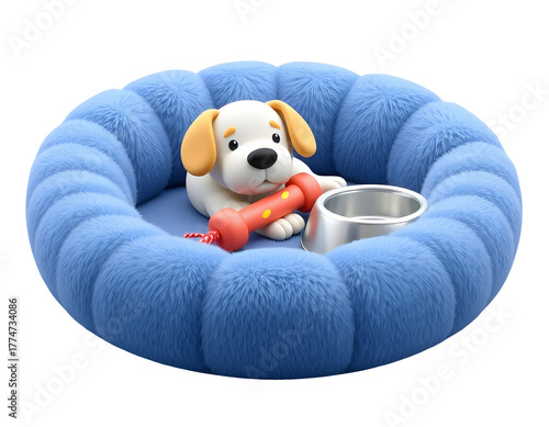 Cute cartoon dog toy with bone and bowl in plush bed isolated on transparent background