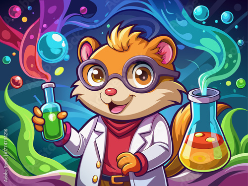 A curious hamster wearing goggles and a lab coat mixes colorful chemicals in flasks, surrounded by smoke and light, expressing discovery and fun, detailed vector art