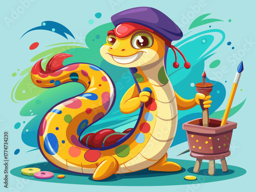 A creative snake wearing a beret paints a colorful masterpiece on canvas using its tail as a brush, surrounded by paint splashes, detailed vector illustration