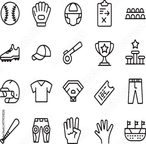Baseball equipment and sports icons collection outline glove catcher mask