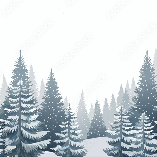 Winter forest scene with snow covered pine trees and blank copy space