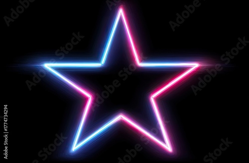 A vibrant, glowing neon star outline, blending blue and pink against a stark black background