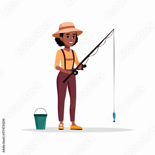 Woman fishing with rod and reel cartoon illustration isolated white background