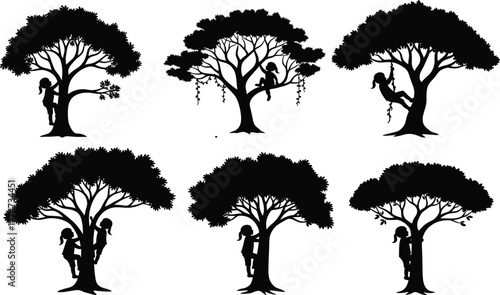 Silhouette tree illustration with human interaction, climbing, sitting, nature concept, black vector art, outdoor lifestyle, environment, foliage, design