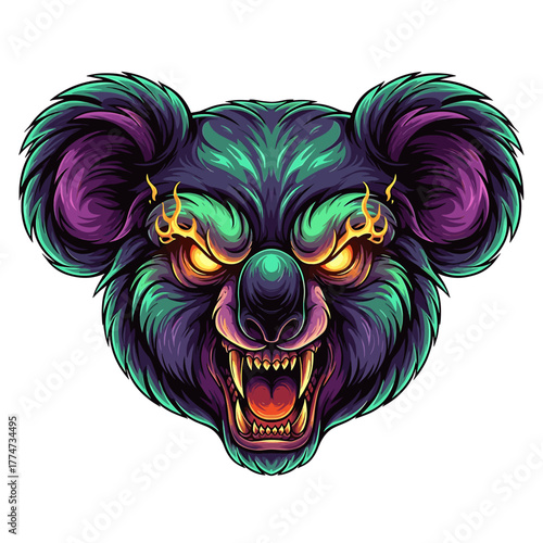 Illustration of a menacing koala bear head with glowing eyes and bared teeth, rendered in vibrant purple and green hues.