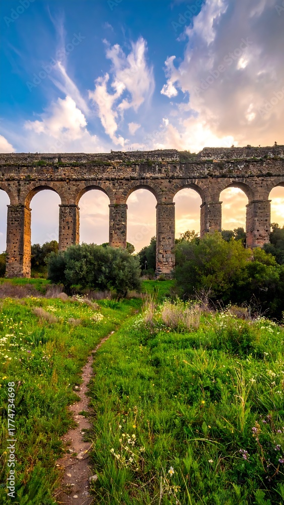 Obraz premium Ancient aqueduct spans a field with a path under a cloudy, colorful sunset sky