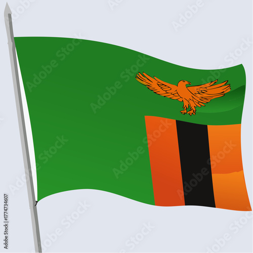 Zambian flag waving in wind green orange black and golden eagle illustration