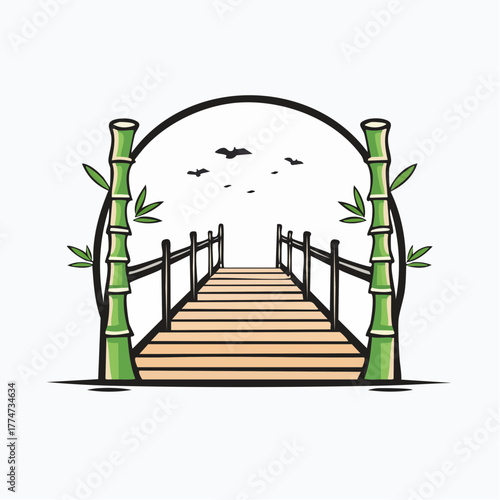 Zen bridge illustration with bamboo and birds against a white background