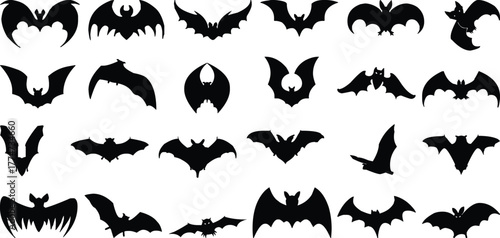 Collection of black bat silhouettes in various poses