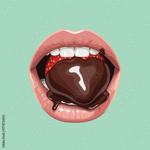 Close up of a womans open mouth with a chocolatecovered strawberry in the shape of a heart