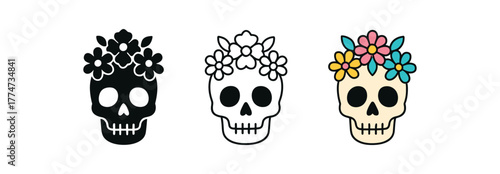 skull decorated flowers icon on white background Black silhouette flat icon outline icon and colored icon style pink turquoise tones three minimal vector icon style