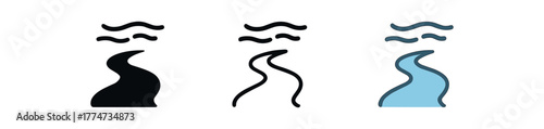 river flow calm icon on white background Black silhouette flat icon outline icon and colored icon style three minimal vector icon style