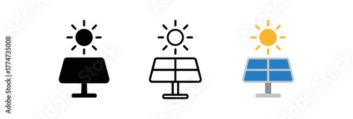 solar power sun panel icon on white background Black silhouette flat icon outline icon and colored icon style three minimal vector icon style