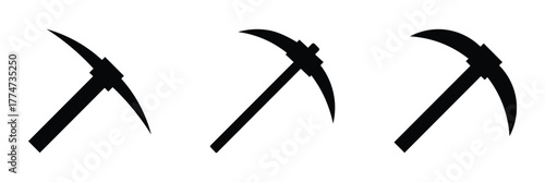 Set of silhouette pickaxe icon. Pick axe icon vector graphic designs. Mining tools icons. Flat black solid vector set. 
