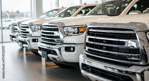 Shiny white pickup trucks lined up in a modern dealership showroom ready for purchase