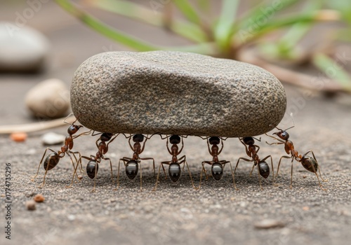A colony of ants working together to move a large rock on the ground