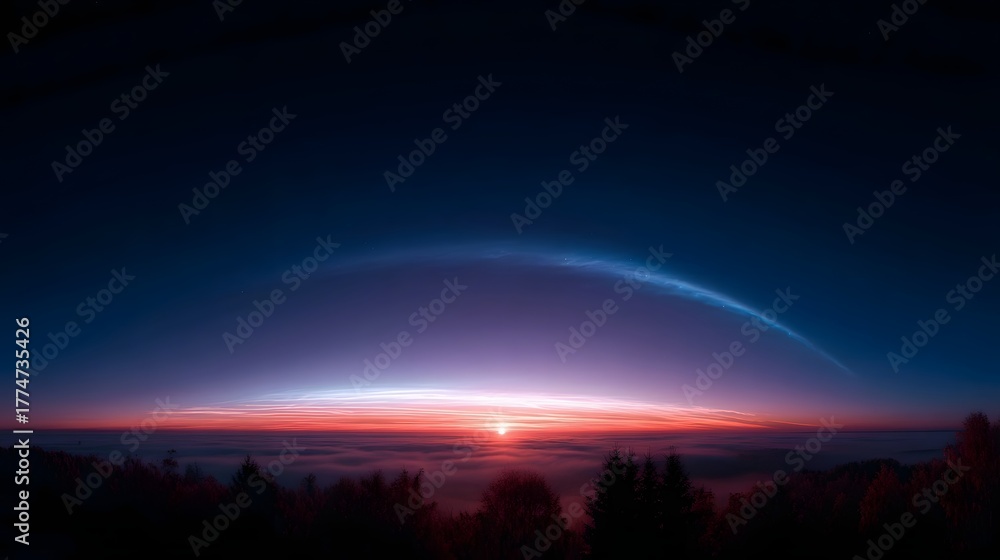 Naklejka premium Panoramic view of a majestic dawn sky featuring vibrant colorful atmospheric bands and a glowing horizon above a misty silhouetted forest