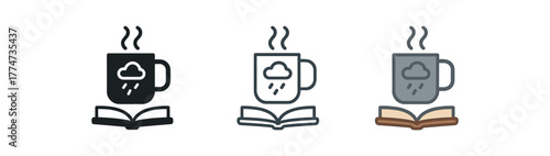 rainy day mug book icon on white background Black silhouette flat icon outline icon and colored icon style cool gray and cozy brown palette three minimal vector icon style