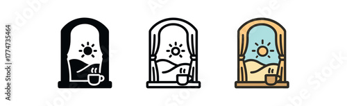 slow morning window view icon on white background Black silhouette flat icon outline icon and colored icon style warm sunlight and pale blue tones three minimal vector icon style