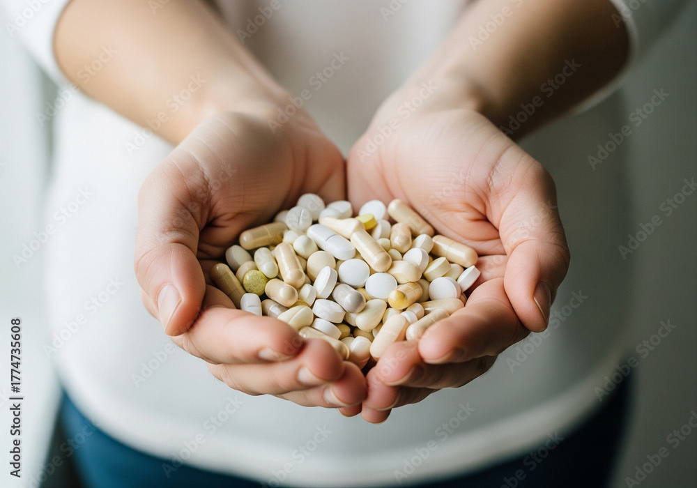 Fototapeta premium Hands gently holding a diverse collection of pharmaceutical pills and capsules, symbolizing health, treatment, and medical care choices.