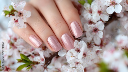 Elegant manicure featuring soft pink nails surrounded by delicate cherry blossom flowers in a serene and beautiful spring atmosphere