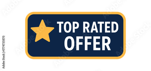 Flat vector banner design icon of near text TOP RATED OFFER navy and gold rectangular badge