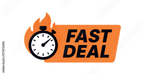 Flat vector banner design icon of stopwatch and flame together near text FAST DEAL orange and black rectangular layout dynamic contrast