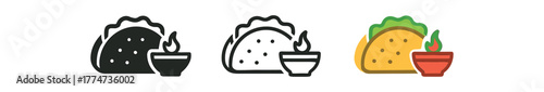 taco with salsa icon on white background Black silhouette flat icon outline icon and colored icon style bright festive colors orange red green three minimal vector icon style