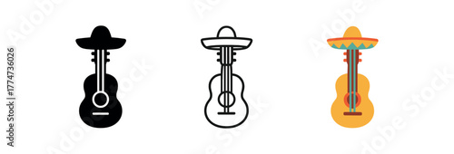 guitar mariachi music icon on white background Black silhouette flat icon outline icon and colored icon style warm festive tones orange red turquoise three minimal vector icon style