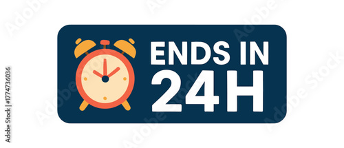 Flat vector banner design icon of alarm clock near text ENDS 24H bold typography on dark navy rectangle